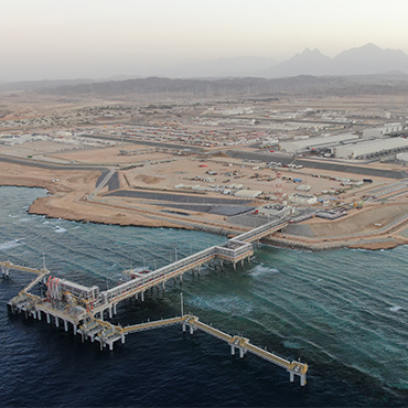 Aerial view of NEOM Green Hydrogen Project, including marine jetty, in Saudi Arabia