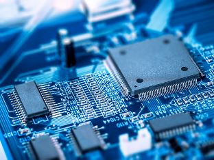 semiconductor chip on a blue circuit board