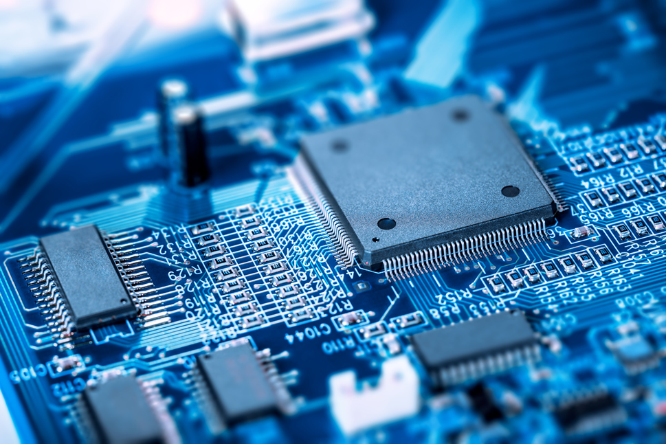 semiconductor chip on a blue circuit board