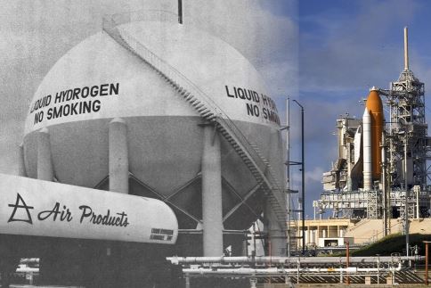 Blended photo of Air Products' tanker and liquid hydrogen storage system at John F. Kennedy Space Center in the 1960s and NASA rocket on launch pad