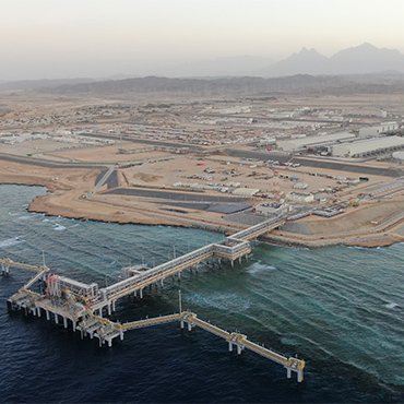 Aerial view of NEOM Green Hydrogen Project, including marine jetty, in Saudi Arabia
